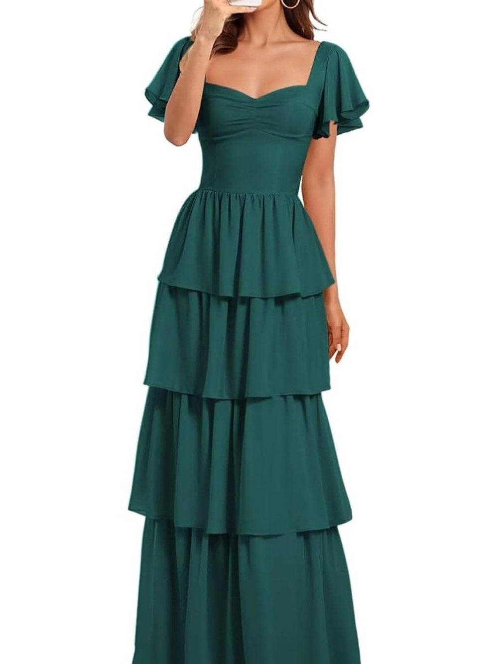 Color green,Flutter Sleeve Tiered Maxi Dress in green with a corset at the back